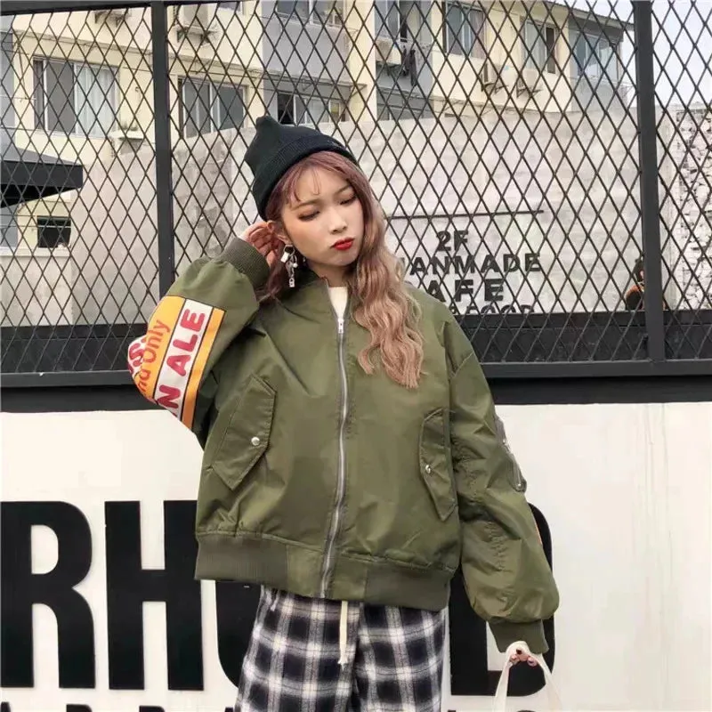 Harajuku Jackets Loose O-Neck Long Sleeve Printed Zipper Coats