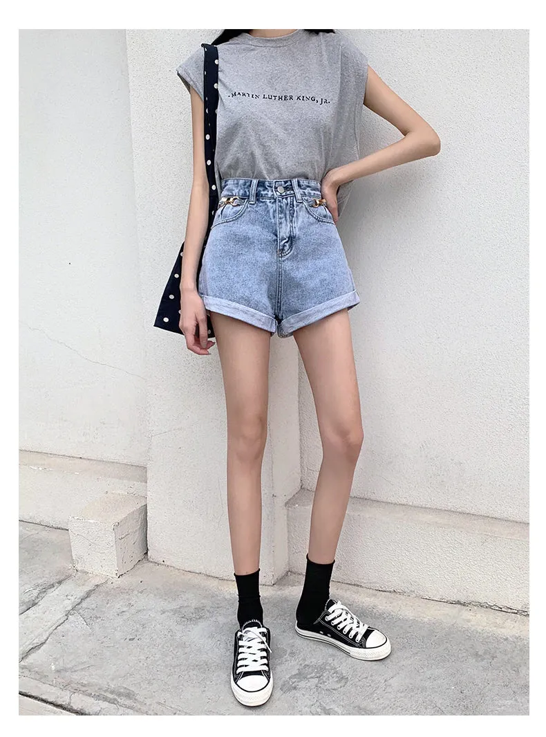 High Waist Crimping Denim Shorts Jeans