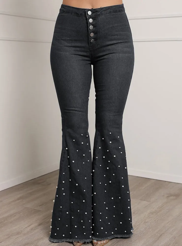 High Waist Elastic Slim Beaded Bell Pant