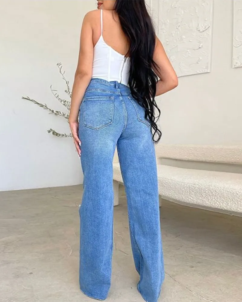 High-Waisted Hole-Leg Casual Trousers