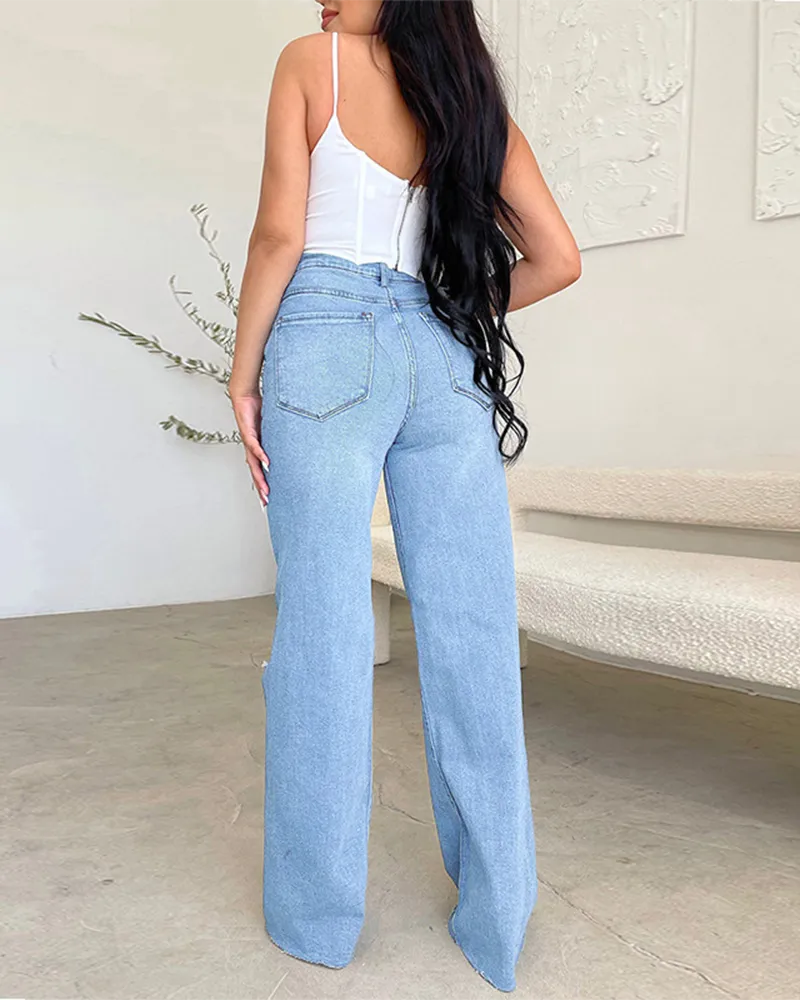 High-Waisted Hole-Leg Casual Trousers