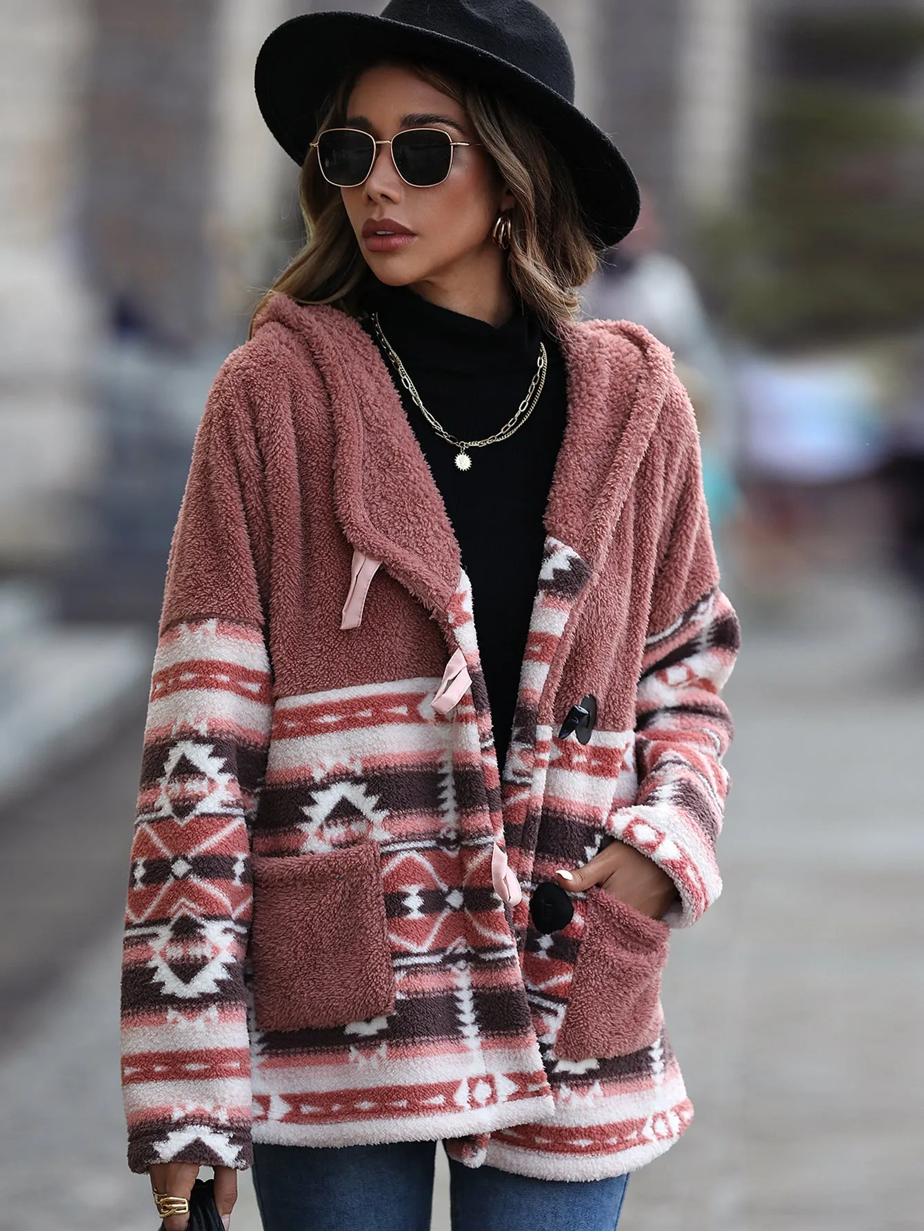 Hooded Long-sleeved Geometric Horn Buckle Coat