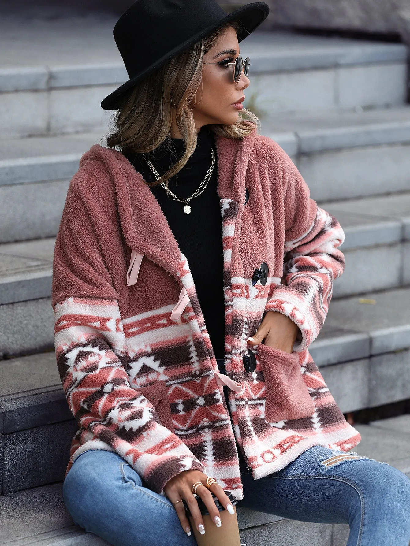 Hooded Long-sleeved Geometric Horn Buckle Coat