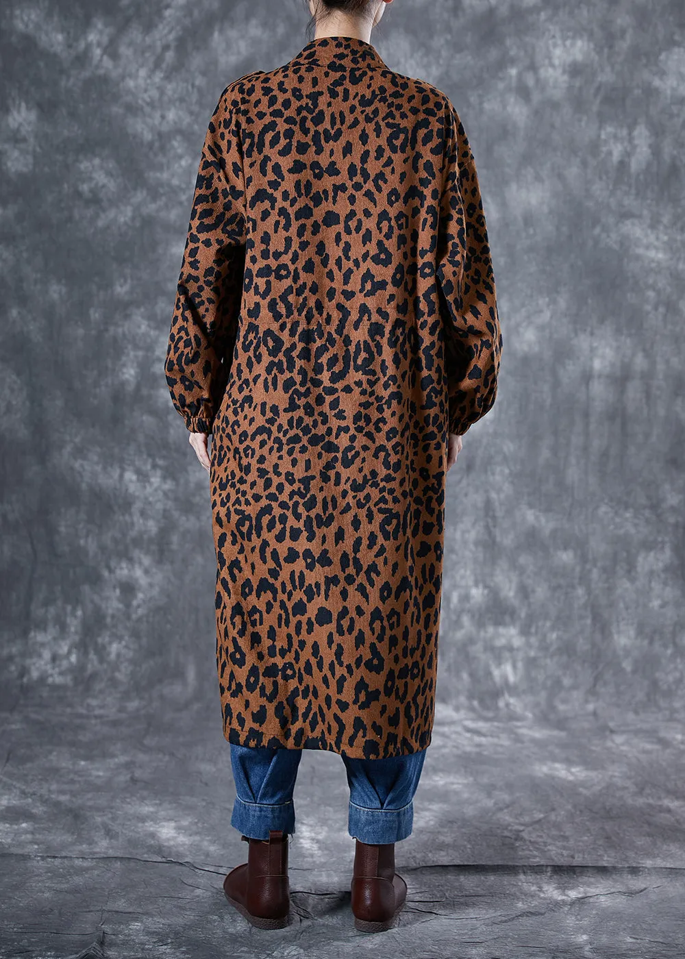 Italian Coffee Oversized Leopard Print Pockets Cotton Trench Coat Spring LY4058