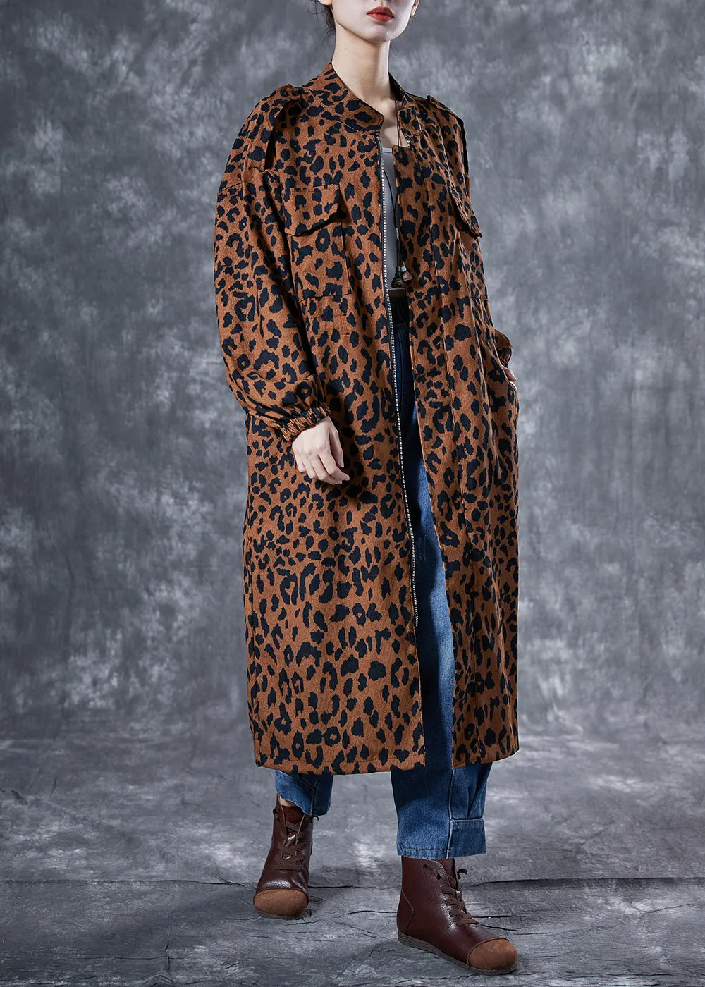 Italian Coffee Oversized Leopard Print Pockets Cotton Trench Coat Spring LY4058