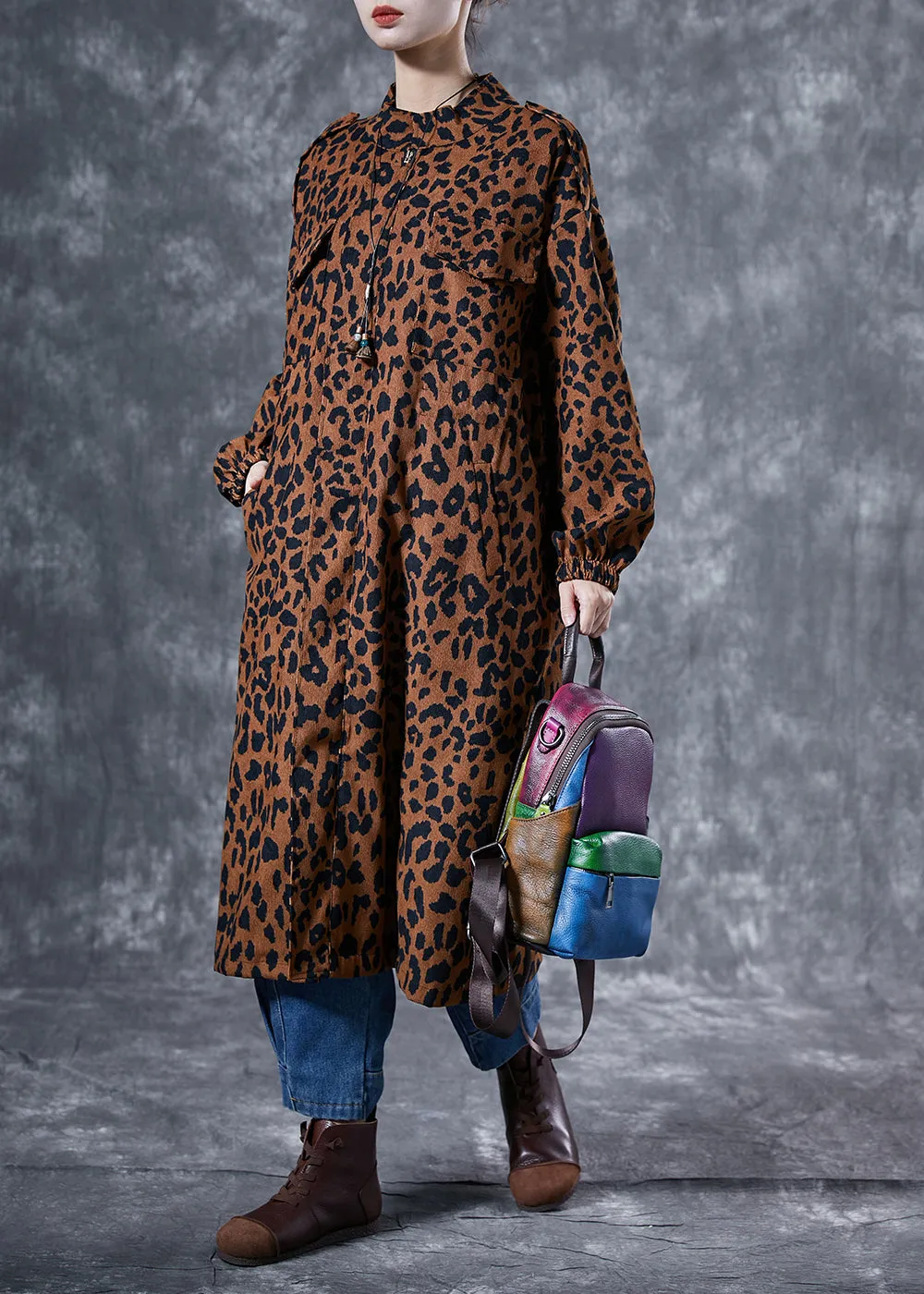 Italian Coffee Oversized Leopard Print Pockets Cotton Trench Coat Spring LY4058