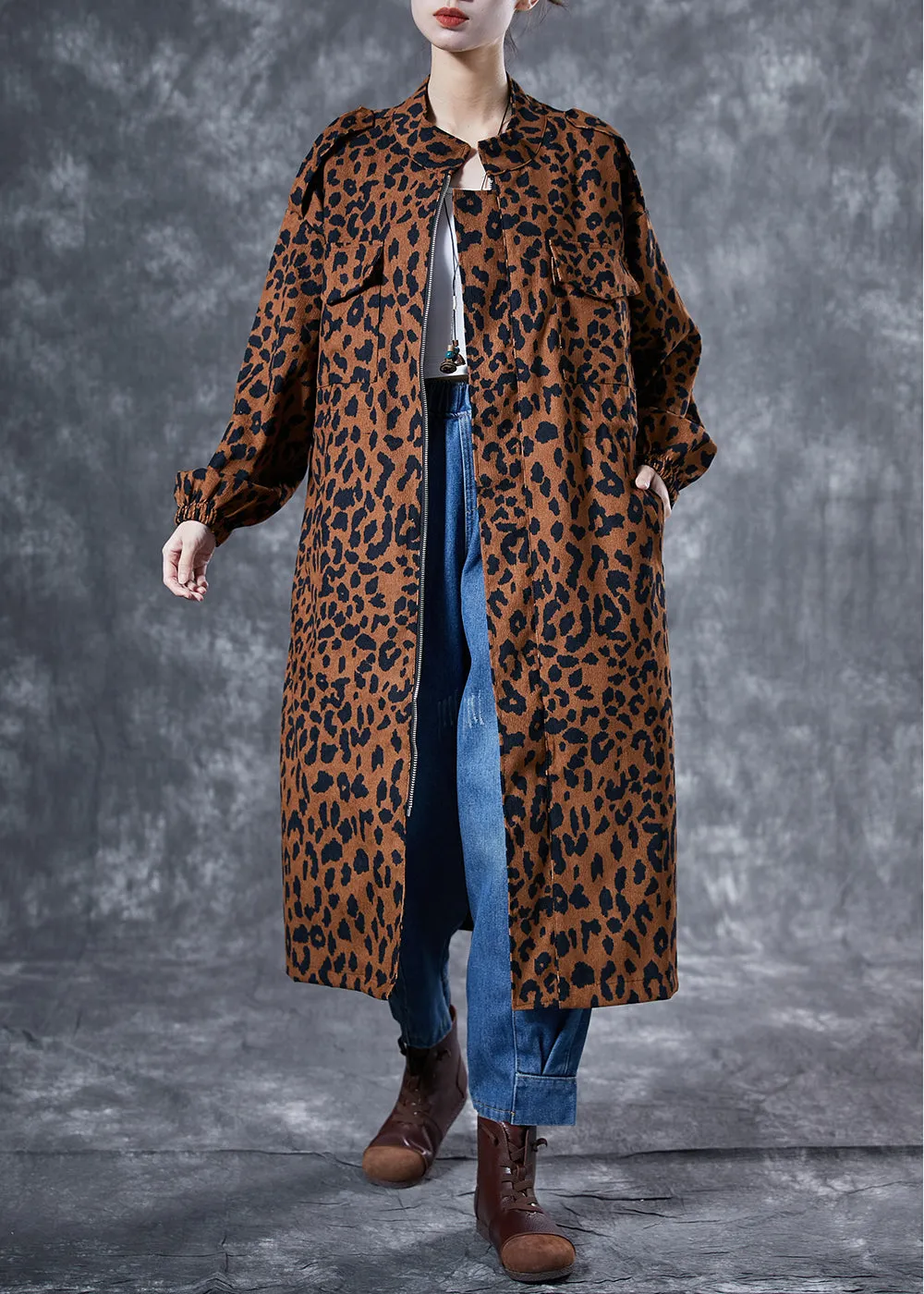 Italian Coffee Oversized Leopard Print Pockets Cotton Trench Coat Spring LY4058