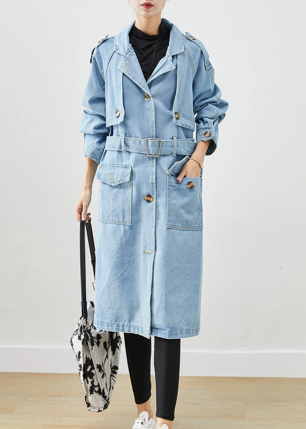 Italian Light Blue Notched Tie Waist Denim Trench Coat Fall ML1935