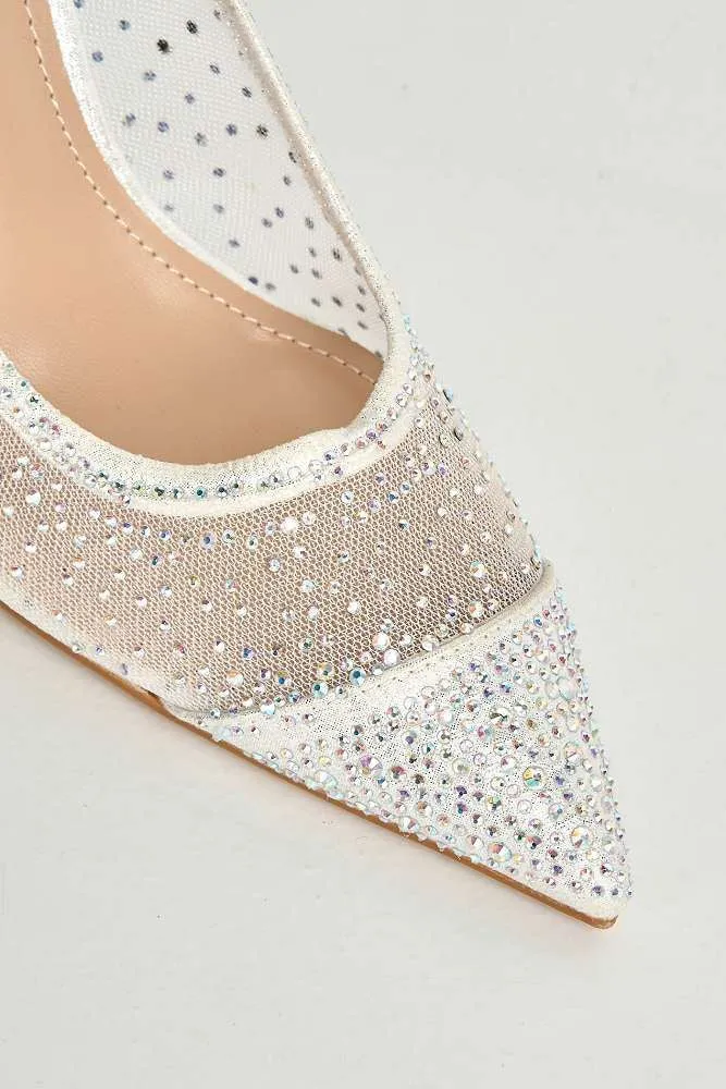 Jasmine Mesh Detail Gemstone Embellished Court Shoes in Silver