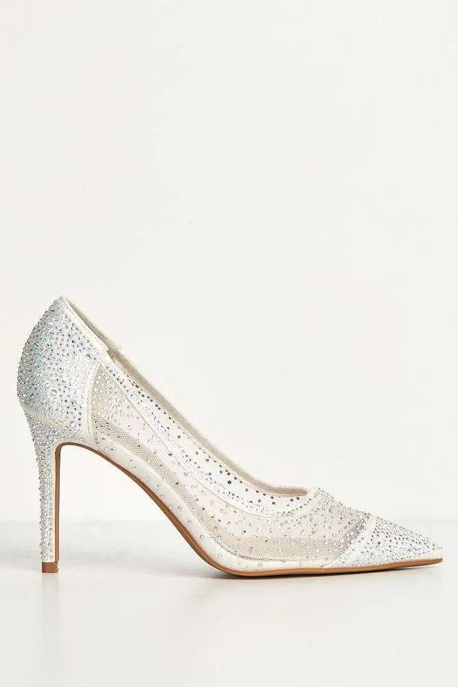 Jasmine Mesh Detail Gemstone Embellished Court Shoes in Silver