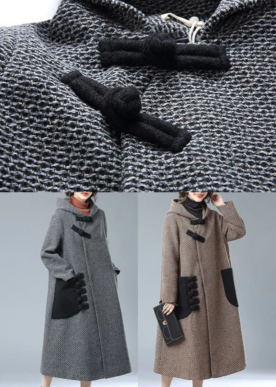 Khaki Oriental Woolen Trench Oversized Hooded Pockets Winter