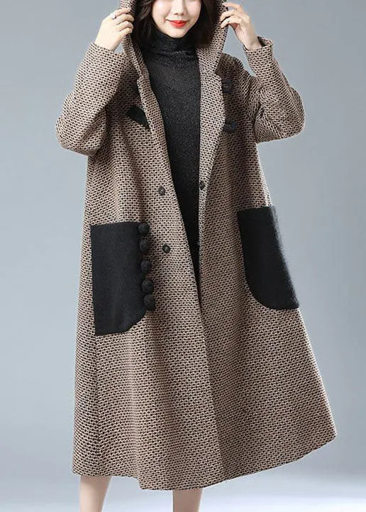 Khaki Oriental Woolen Trench Oversized Hooded Pockets Winter