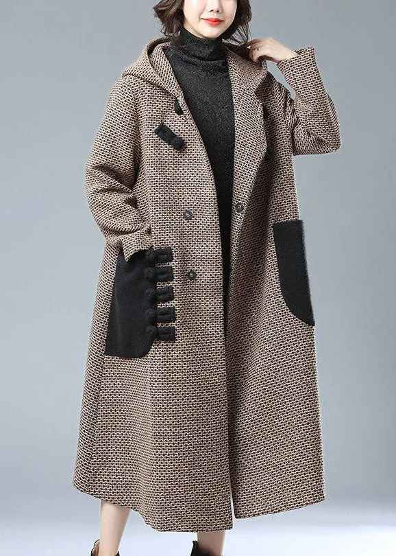 Khaki Oriental Woolen Trench Oversized Hooded Pockets Winter