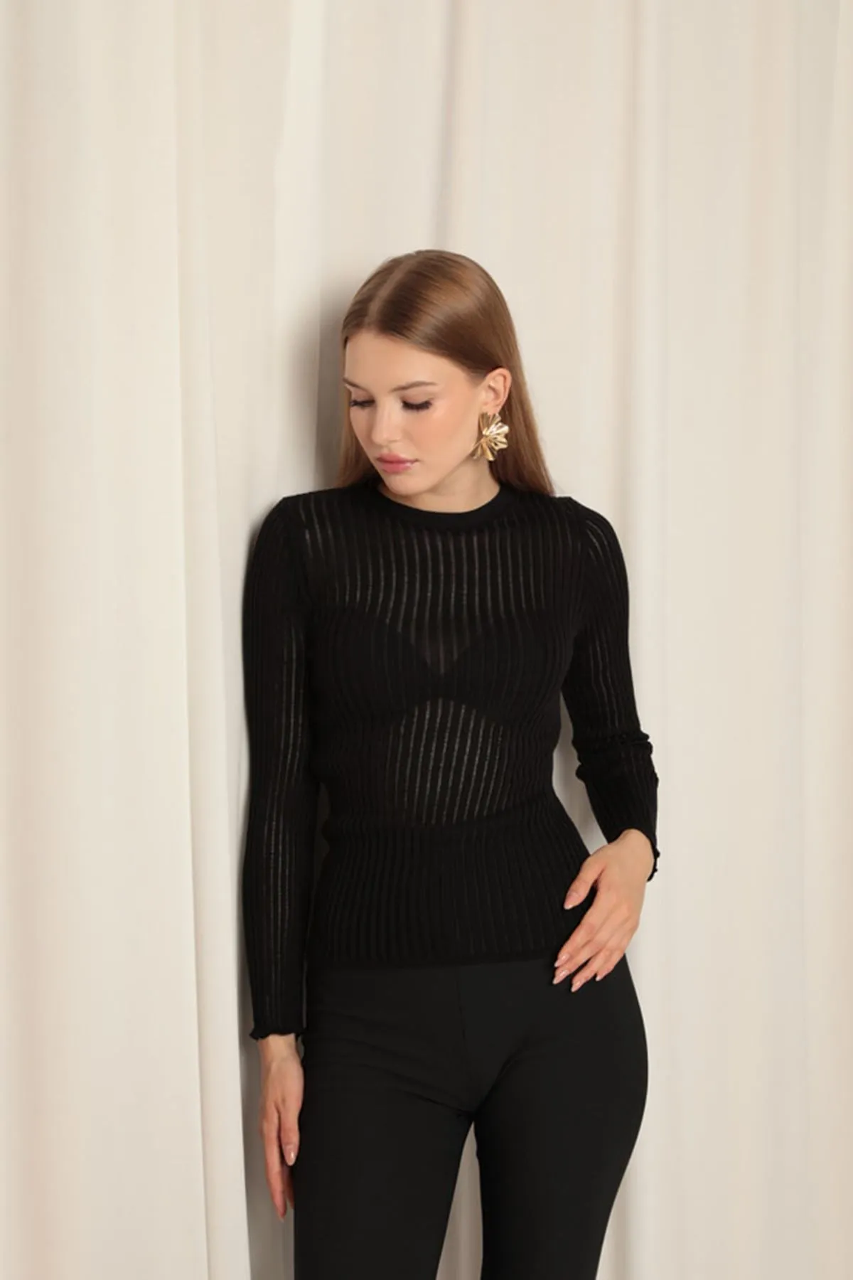 Knitwear Fabric Crew Neck Women's Black Blouse