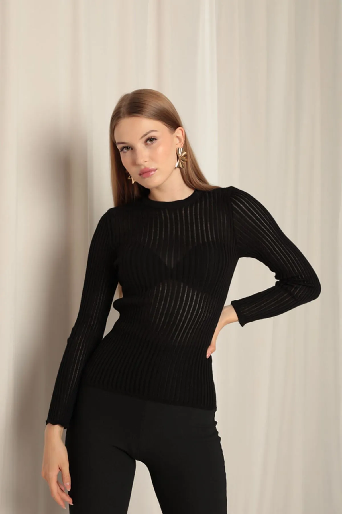 Knitwear Fabric Crew Neck Women's Black Blouse