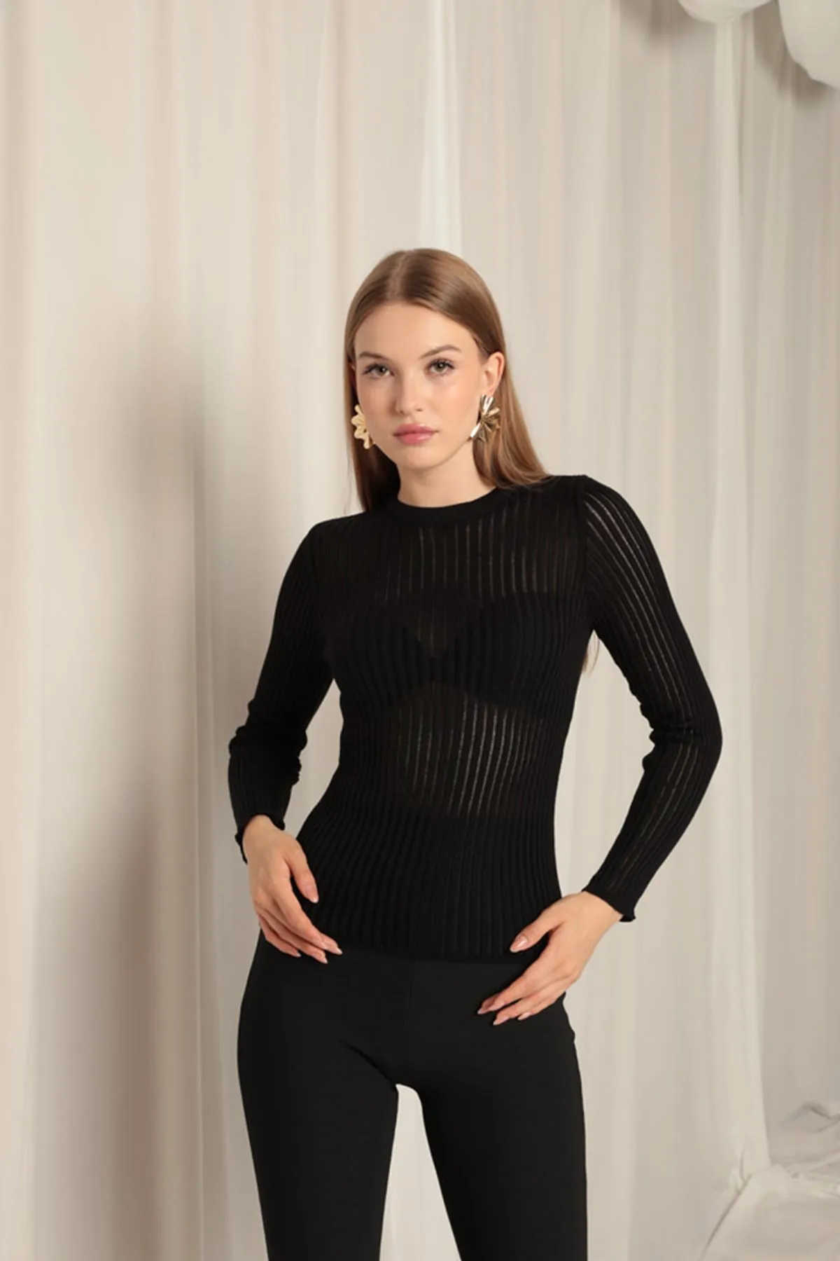 Knitwear Fabric Crew Neck Women's Black Blouse