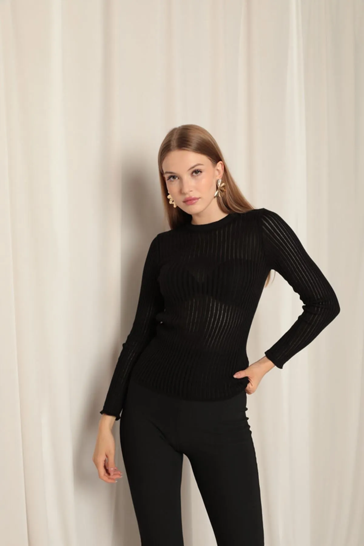 Knitwear Fabric Crew Neck Women's Black Blouse