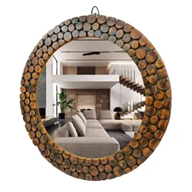 M H TRADING Wooden Antique Frame Round Wall-Mounted Mirror, Mirror for Bathroom, Living Room, Wall Basin, Study Room, Office, Brown