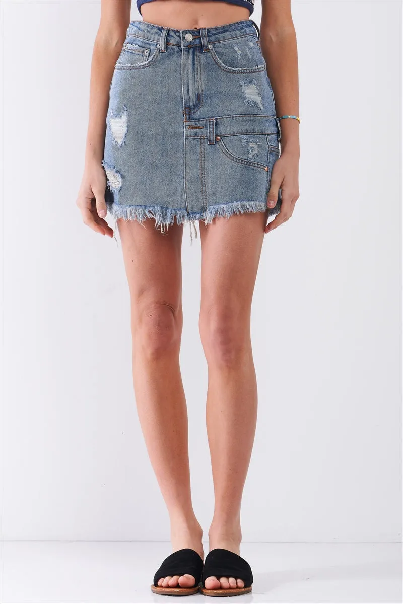 Medium Blue Denim High-waist Distressed Effect Asymmetrical Trim Raw Hem Detail Mini Skirt_