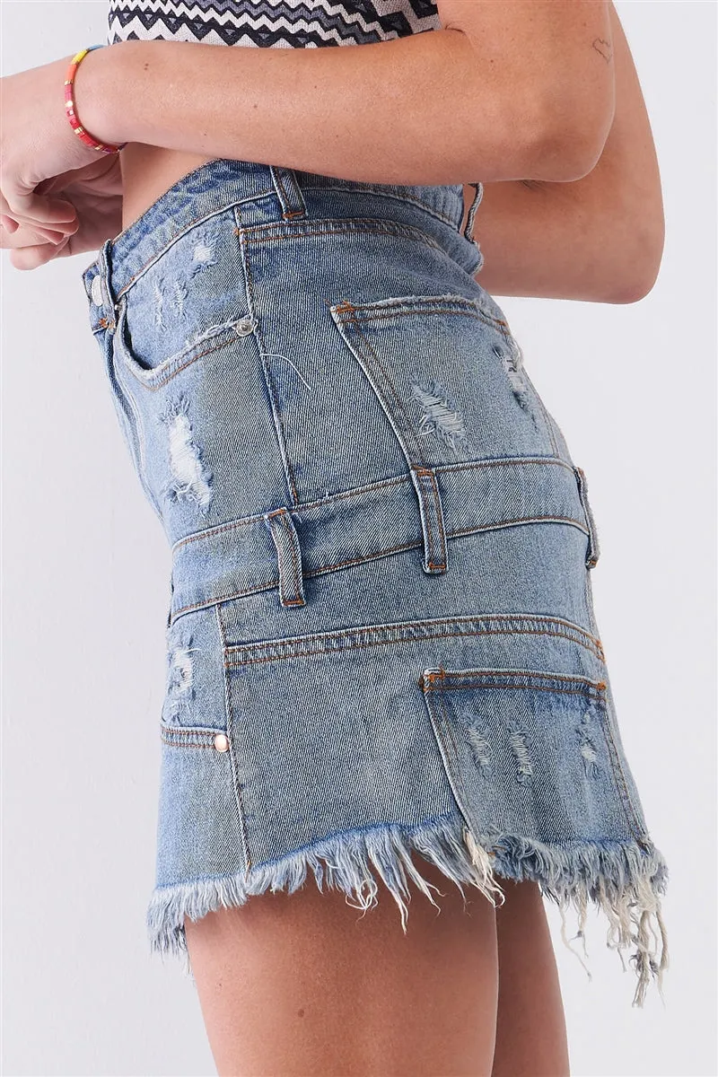 Medium Blue Denim High-waist Distressed Effect Asymmetrical Trim Raw Hem Detail Mini Skirt_