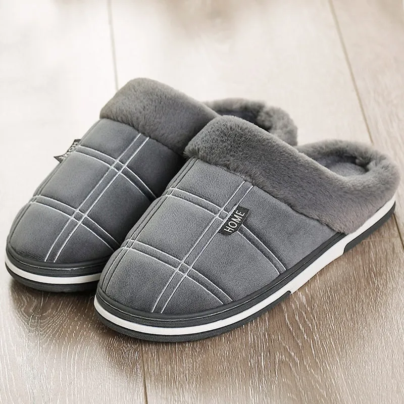 Men&#39;s slippers Winter Keep warm Gingham Suede Short plush Indoor shoes for male Non slip Memory Foam Soft Home Fur slippers men