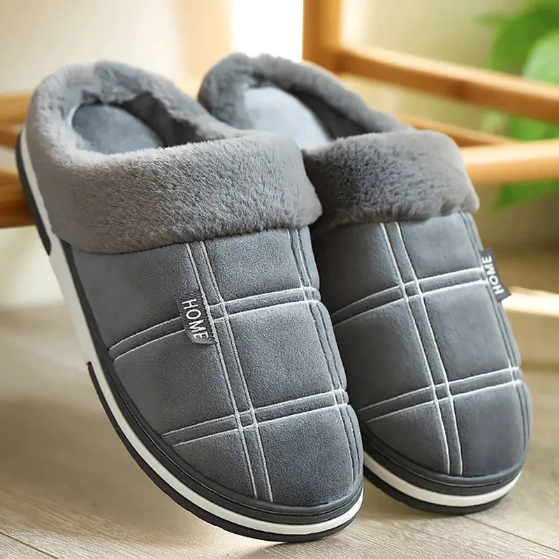 Men&#39;s slippers Winter Keep warm Gingham Suede Short plush Indoor shoes for male Non slip Memory Foam Soft Home Fur slippers men