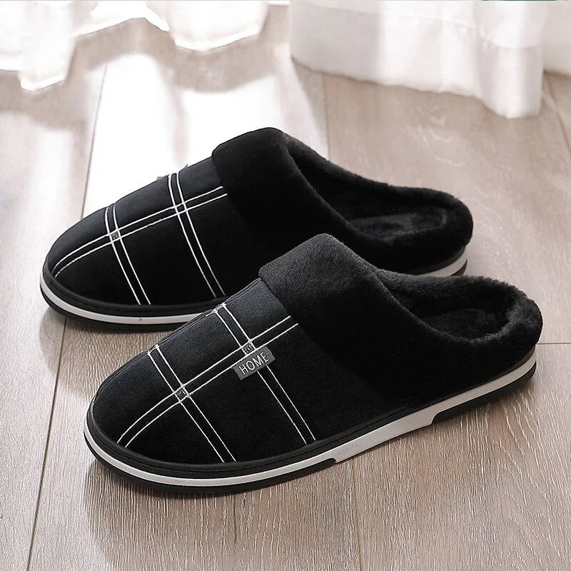 Men&#39;s slippers Winter Keep warm Gingham Suede Short plush Indoor shoes for male Non slip Memory Foam Soft Home Fur slippers men