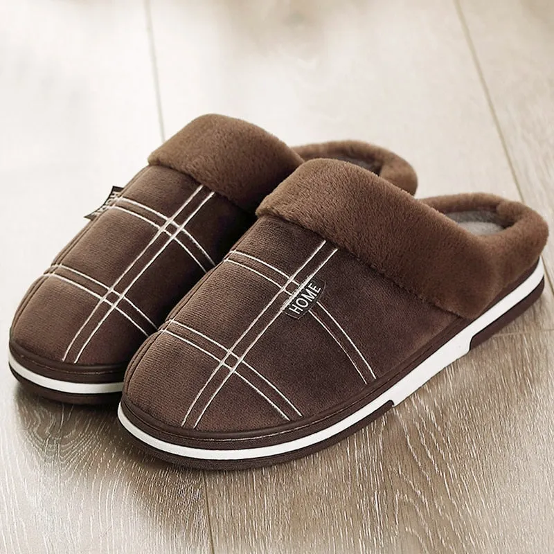 Men&#39;s slippers Winter Keep warm Gingham Suede Short plush Indoor shoes for male Non slip Memory Foam Soft Home Fur slippers men