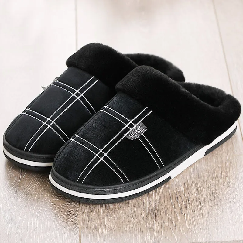 Men&#39;s slippers Winter Keep warm Gingham Suede Short plush Indoor shoes for male Non slip Memory Foam Soft Home Fur slippers men