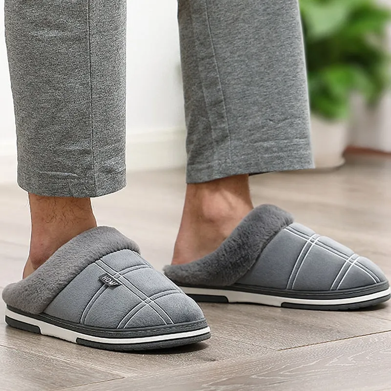 Men&#39;s slippers Winter Keep warm Gingham Suede Short plush Indoor shoes for male Non slip Memory Foam Soft Home Fur slippers men