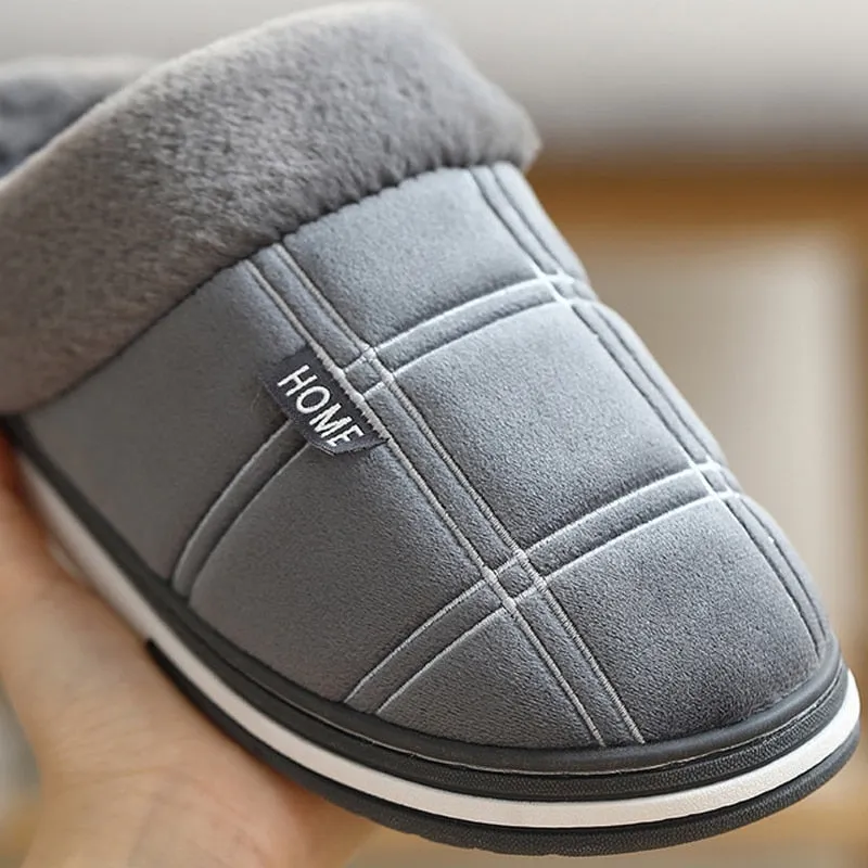 Men&#39;s slippers Winter Keep warm Gingham Suede Short plush Indoor shoes for male Non slip Memory Foam Soft Home Fur slippers men