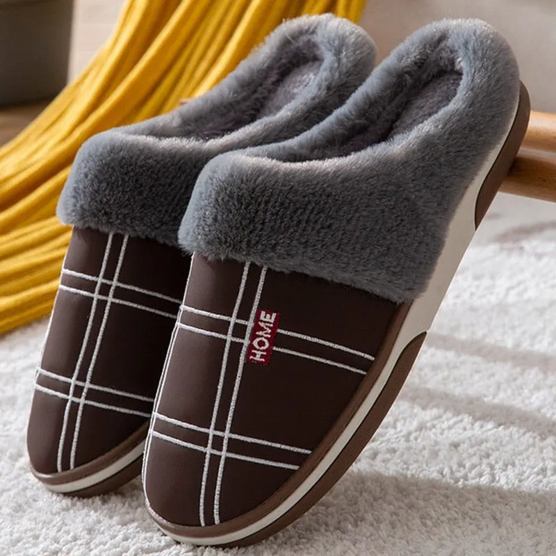 Men&#39;s slippers Winter Keep warm Gingham Suede Short plush Indoor shoes for male Non slip Memory Foam Soft Home Fur slippers men