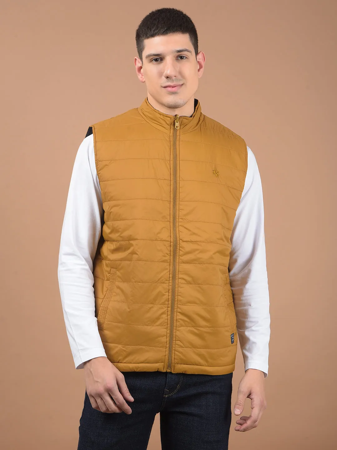 Men's Mustard Solid Mock Collar Reversible Jacket