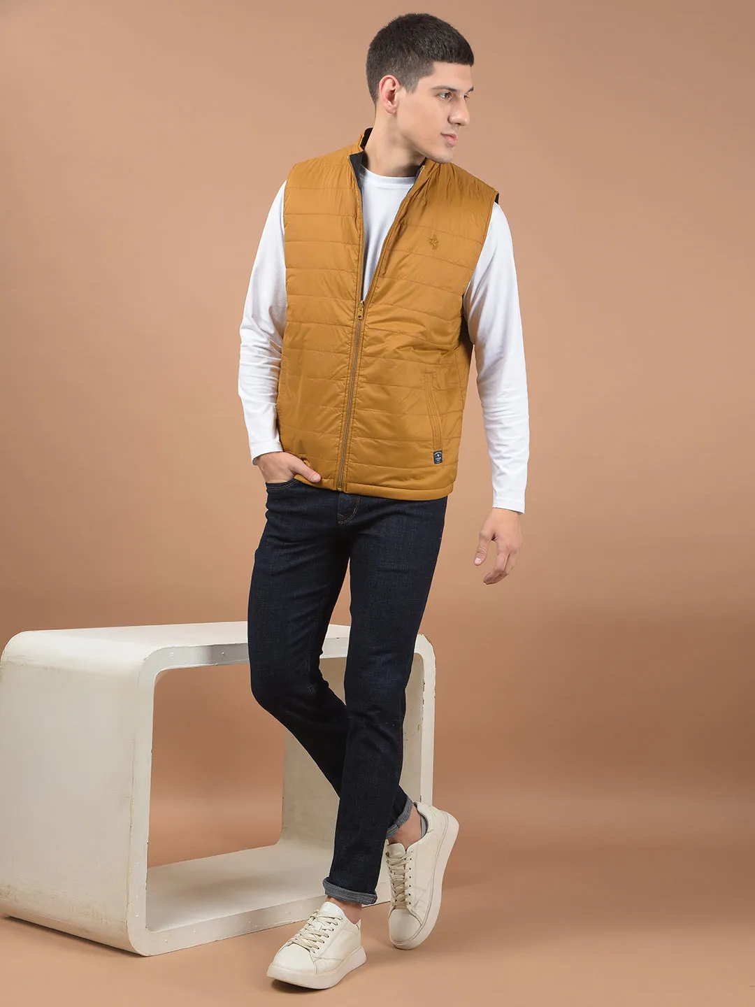 Men's Mustard Solid Mock Collar Reversible Jacket