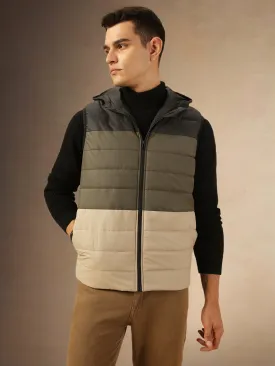 Men's Olive & Black Colorblock Hooded Gilet Jacket