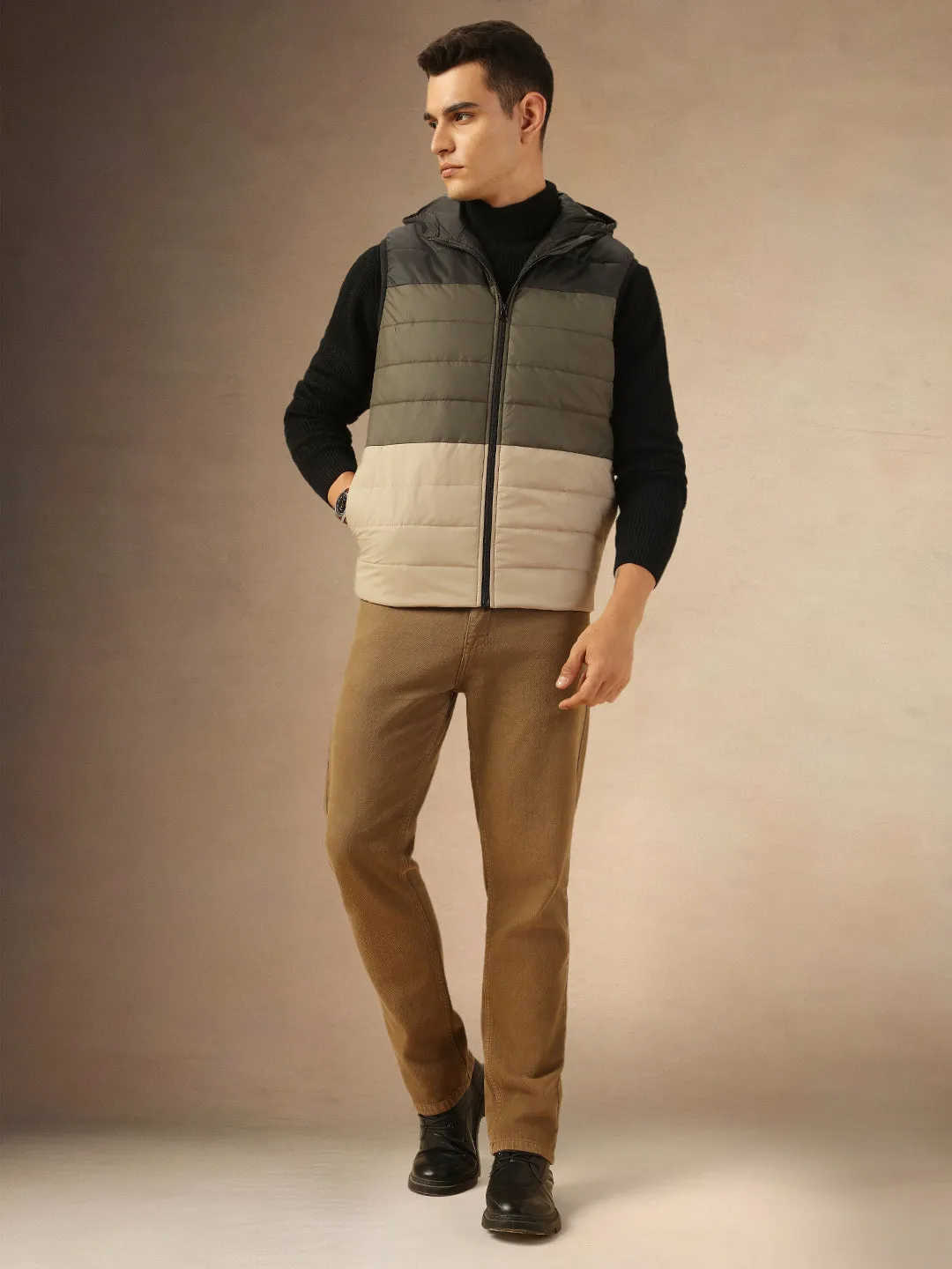 Men's Olive & Black Colorblock Hooded Gilet Jacket