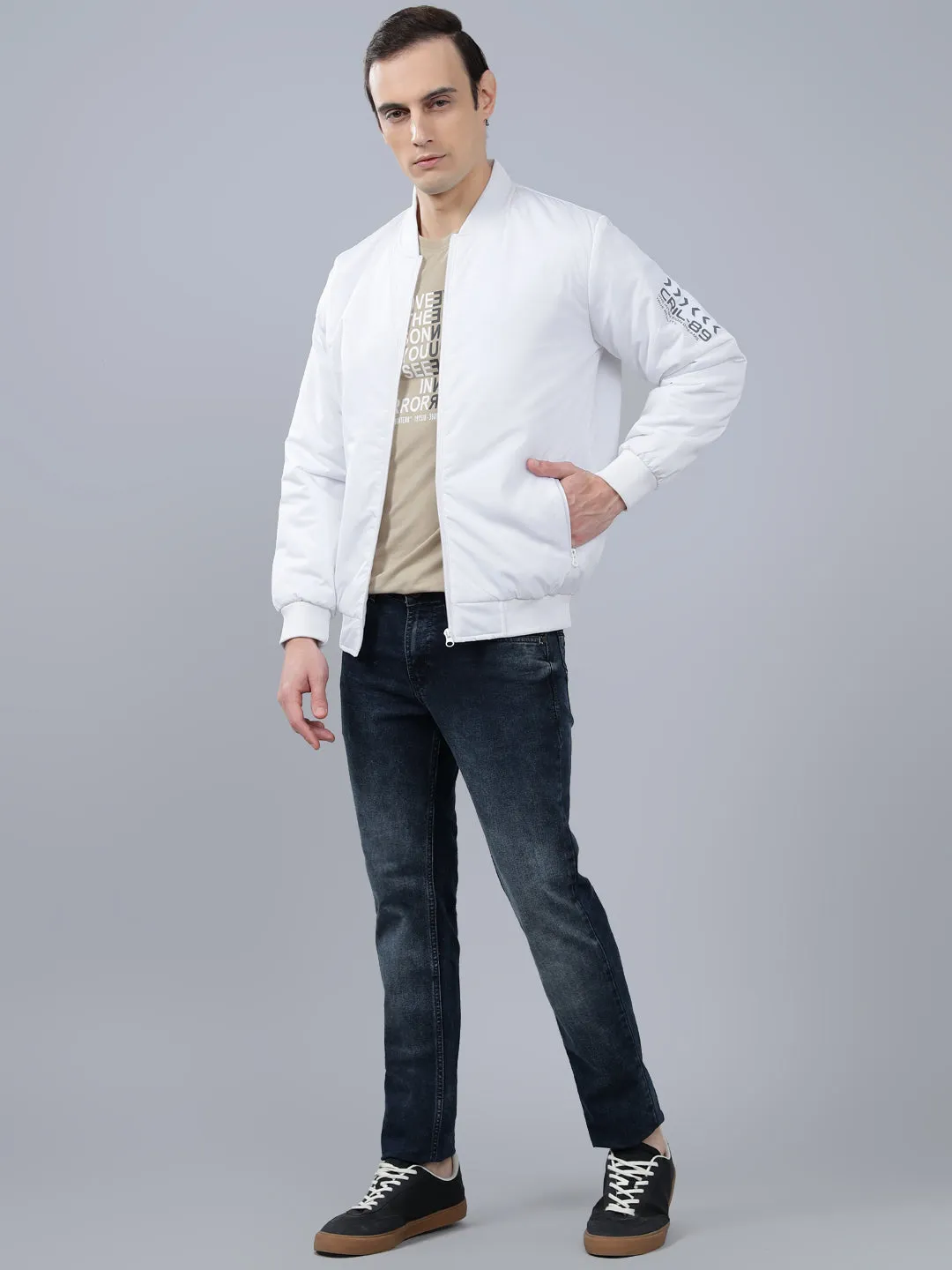 Men's White Solid Mock Neck Winter Jacket