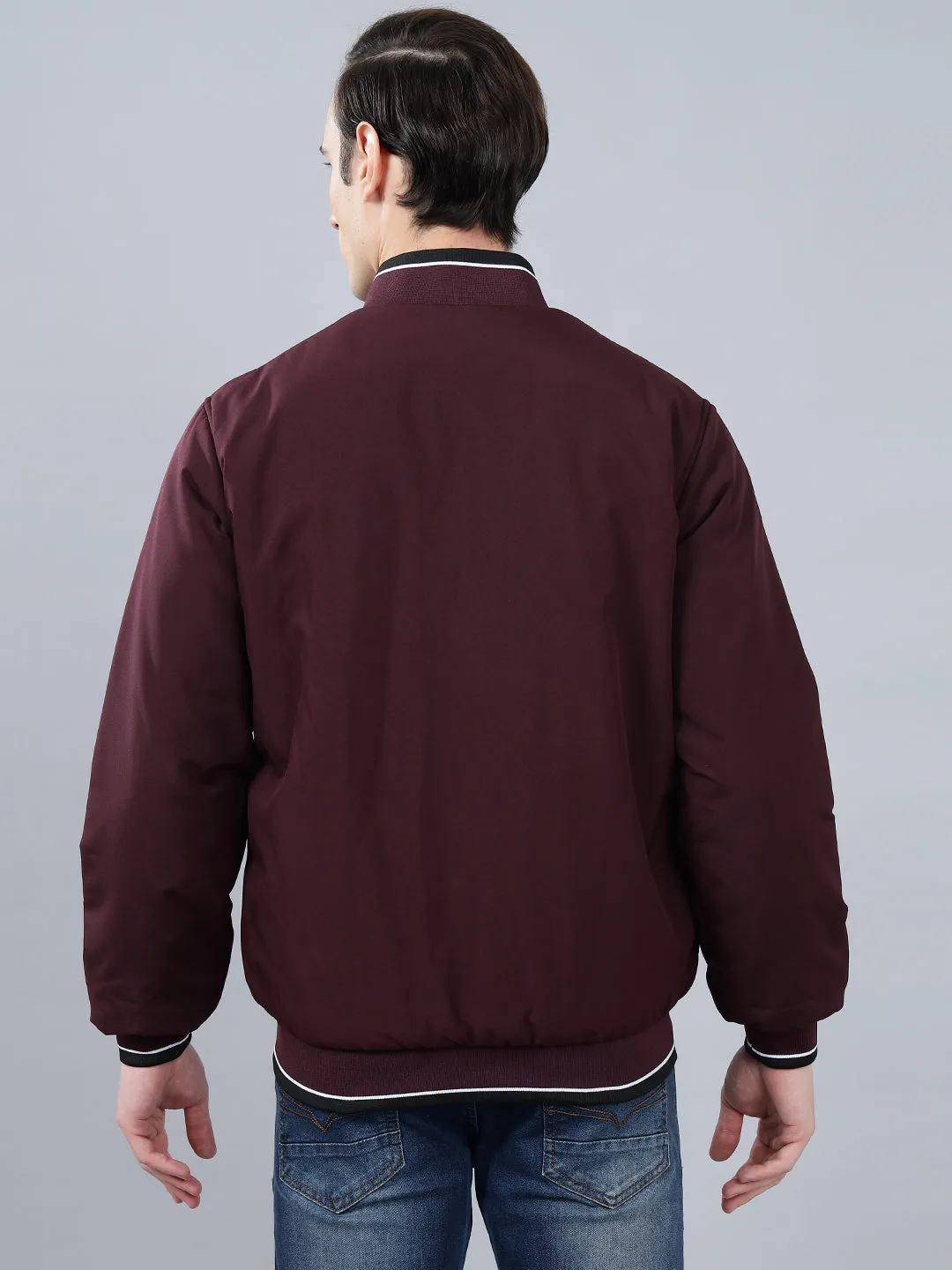 Men's Wine Solid Mock Neck Reversible Winter Jacket