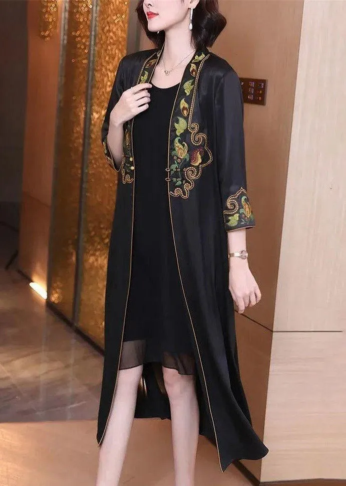 Modern Black V Neck Embroideried Floral Button Trench Coat Long Sleeve