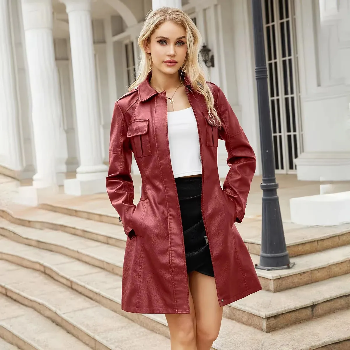 Modern High Quality Long Leather Trench Coat for Women with Belt Eleganr Fashion