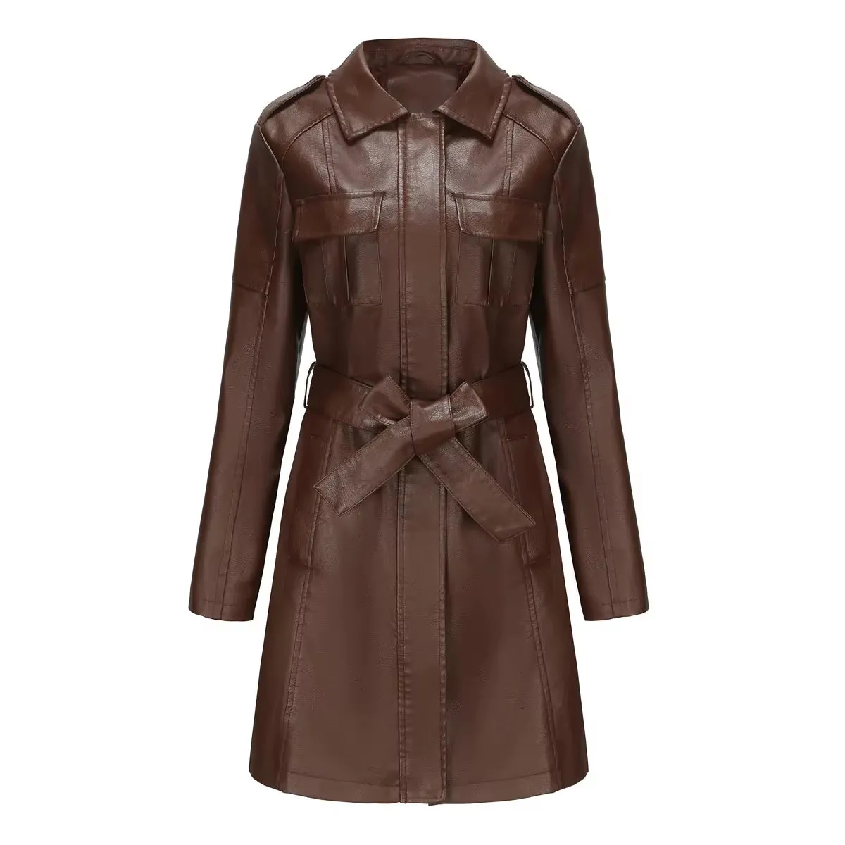 Modern High Quality Long Leather Trench Coat for Women with Belt Eleganr Fashion