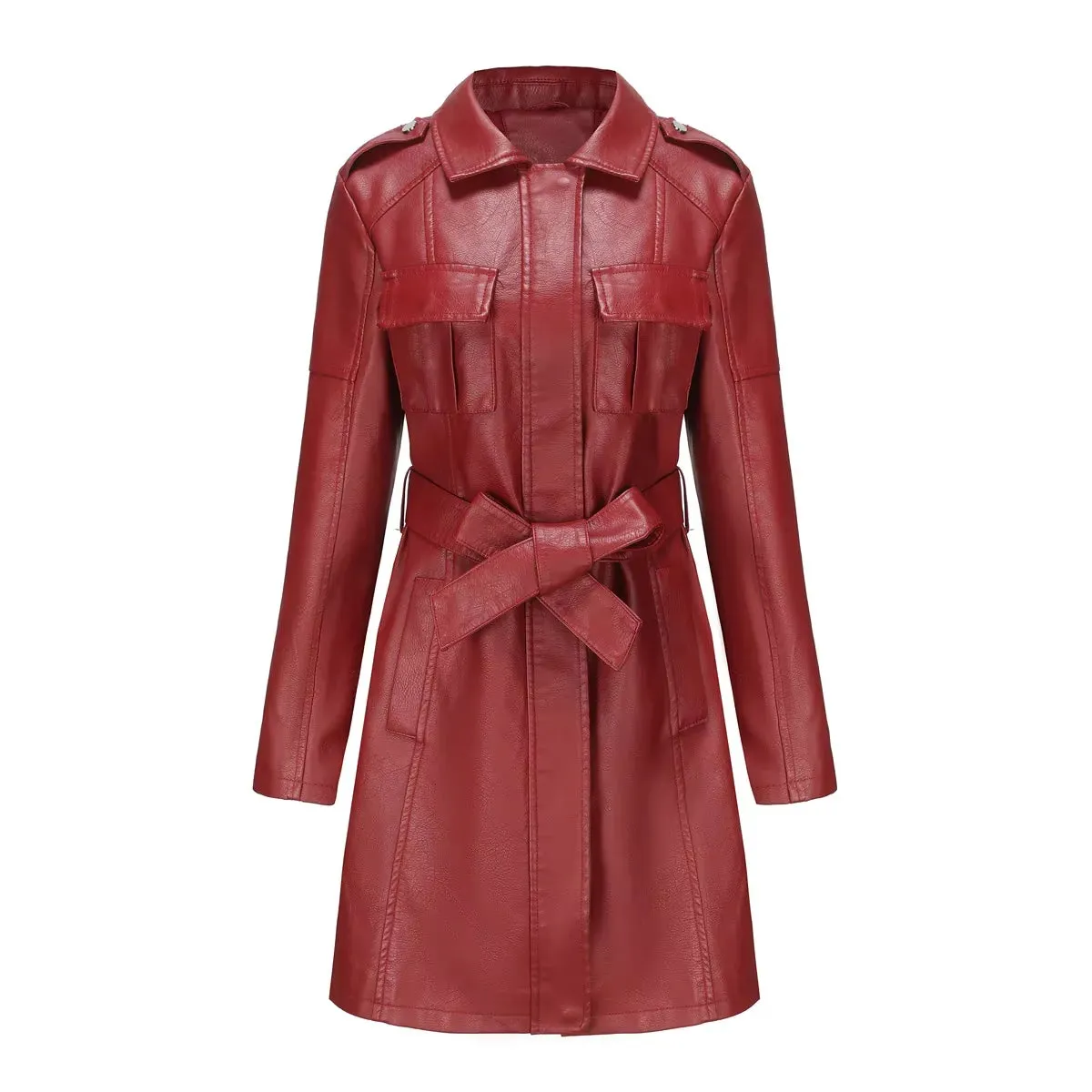 Modern High Quality Long Leather Trench Coat for Women with Belt Eleganr Fashion