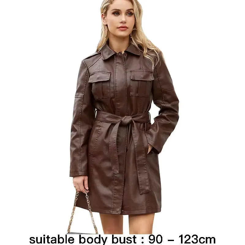 Modern High Quality Long Leather Trench Coat for Women with Belt Eleganr Fashion