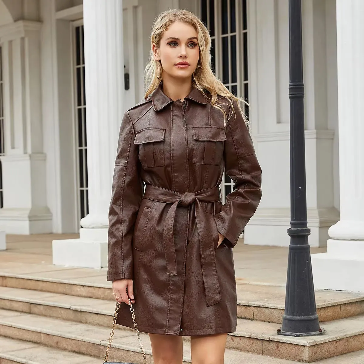 Modern High Quality Long Leather Trench Coat for Women with Belt Eleganr Fashion