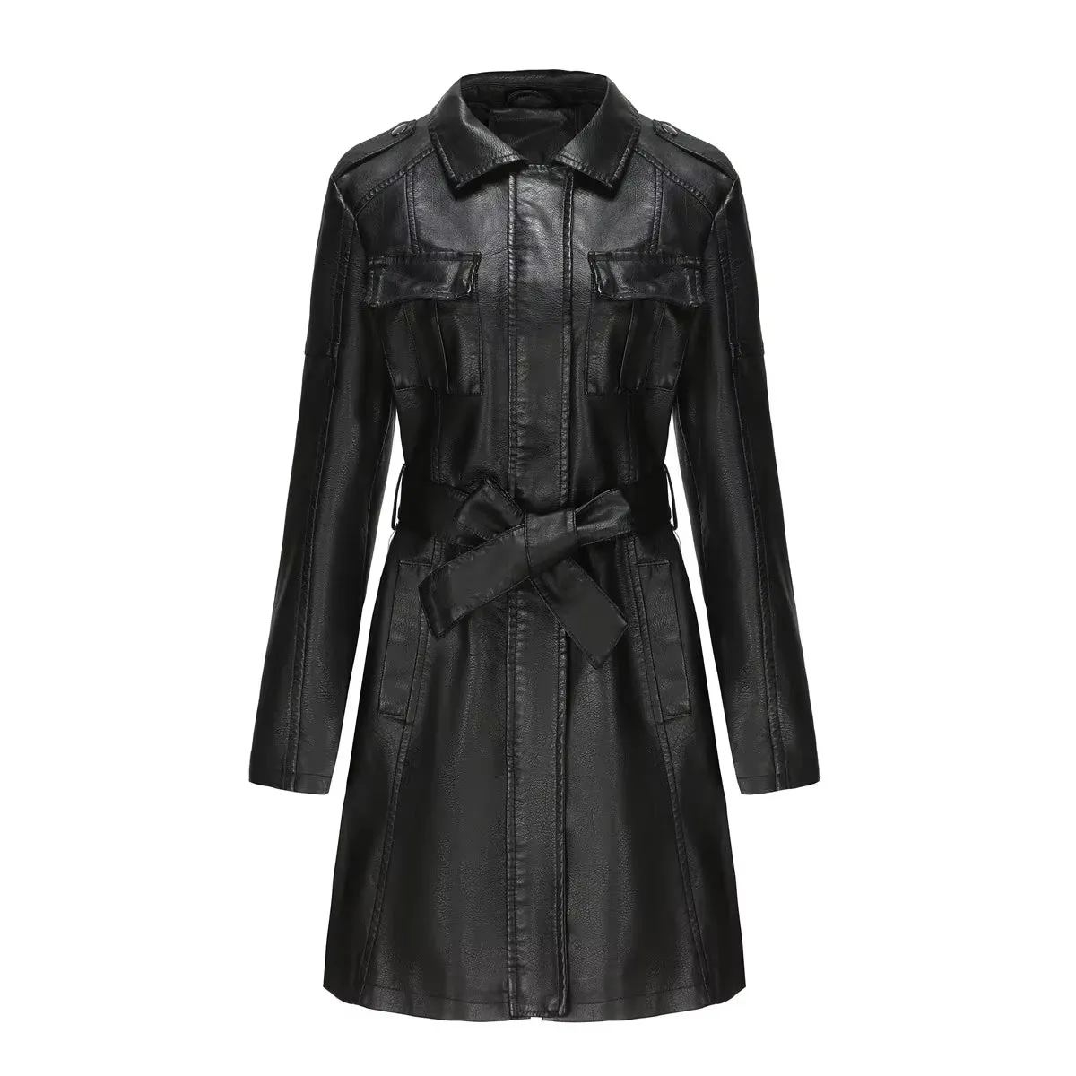 Modern High Quality Long Leather Trench Coat for Women with Belt Eleganr Fashion