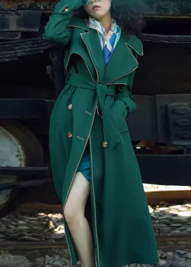 Natural Blackish Green Notched Patchwork Long Sashes Trench Coats Long Sleeve LY8345