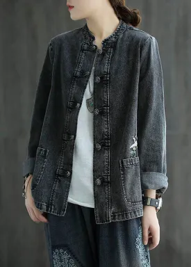 Organic Black Embroideried Patchwork Chinese Button Denim Coats Spring