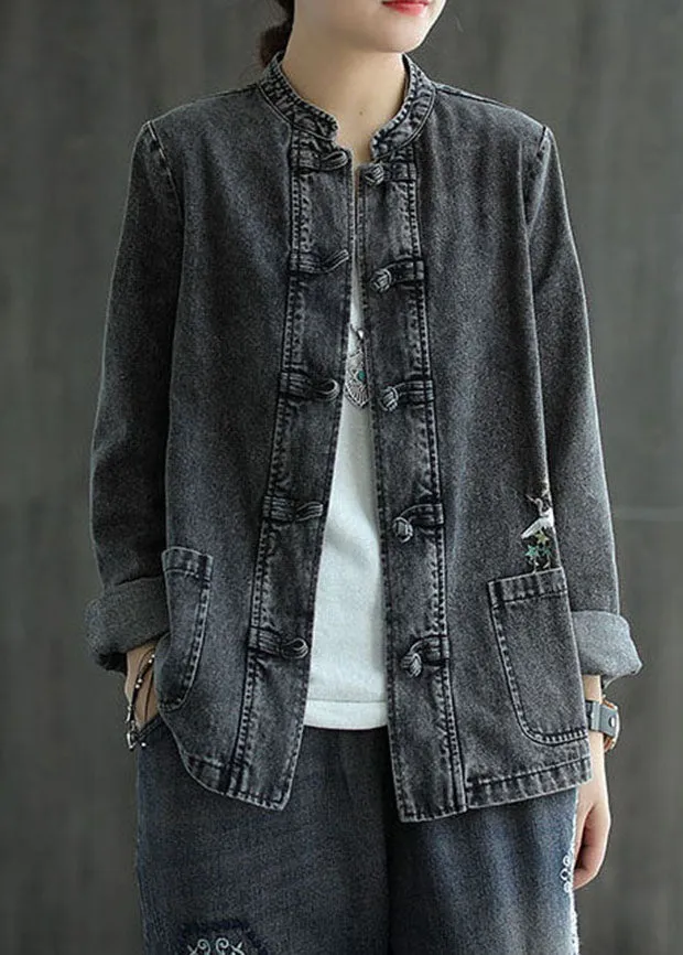 Organic Black Embroideried Patchwork Chinese Button Denim Coats Spring