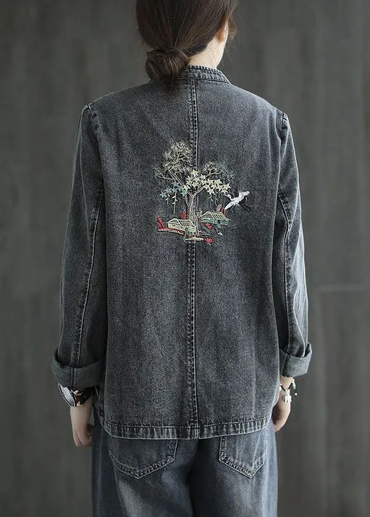 Organic Black Embroideried Patchwork Chinese Button Denim Coats Spring