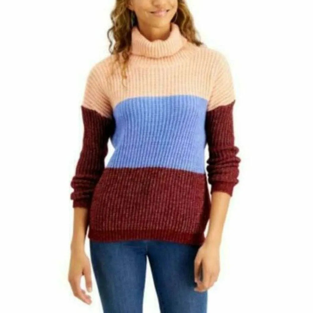 Planet Gold Women's Color blocked Chunky Knit Turtleneck Sweater Medium